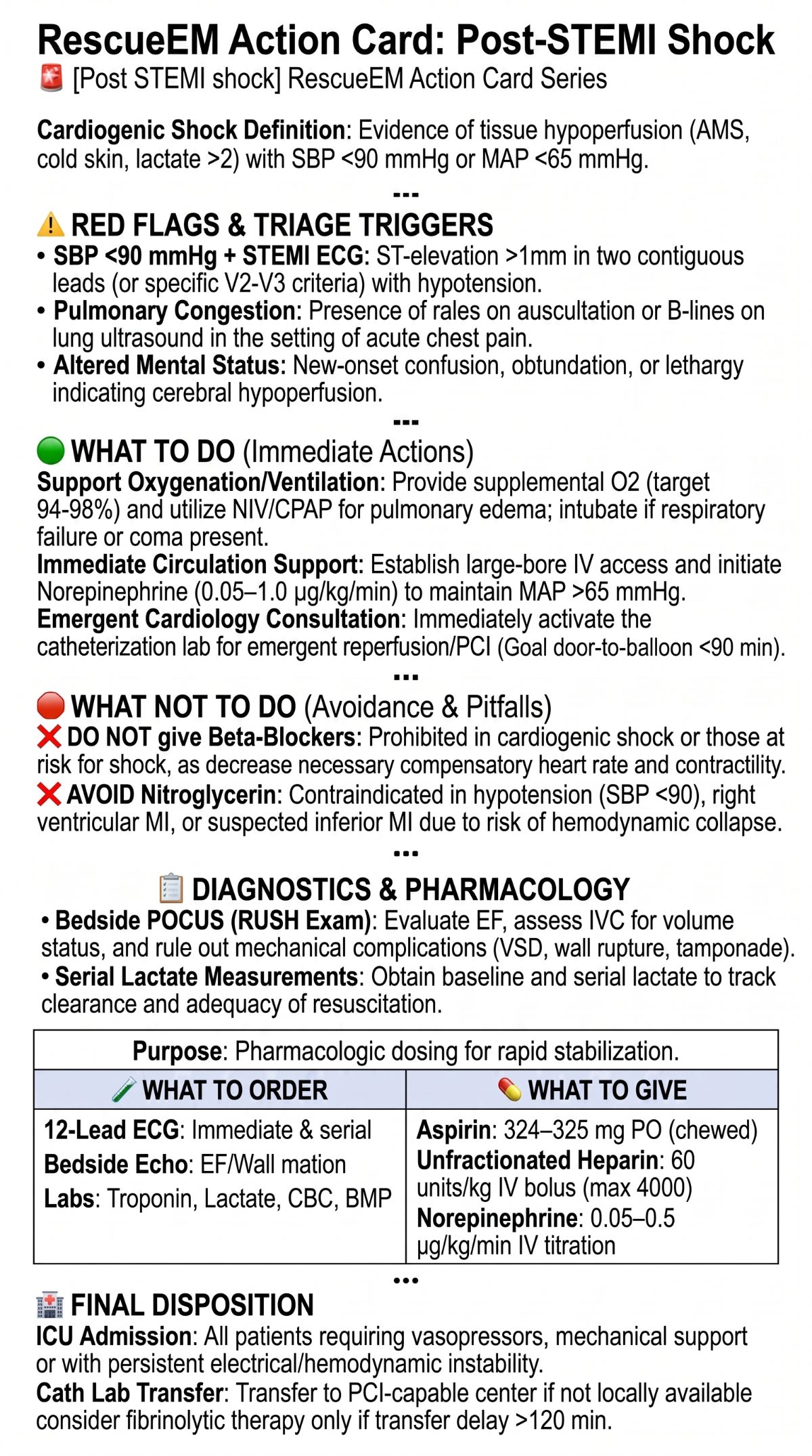Post STEMI Shock Action Card