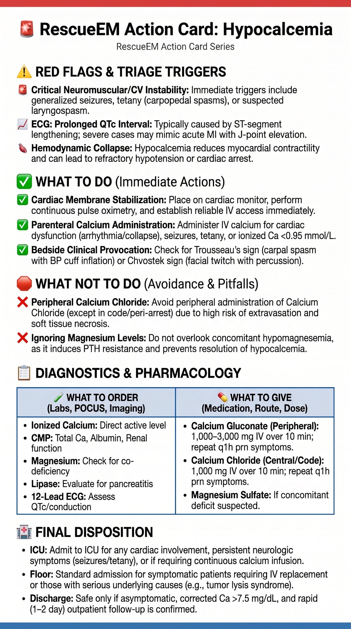 Emergency Action Card for Hypocalcemia